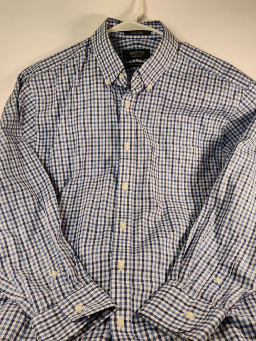Nordstrom Men's Traditional Fit Wrinkle Free Blue Plaid Long Sleeve SIze 16/32